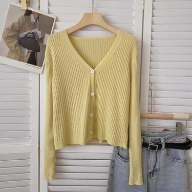 Imagem de Crop Cardigans De Malha Mulheres Slim Manga Comprida Decote Em V Botão Up Casual Soft Chic Básico Jumpers Moda Camisola, White, One Size