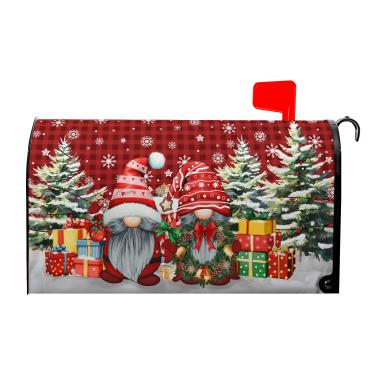Imagem de Capa de caixa de correio de gnomos de inverno de Natal xadrez de búfalo magnético, presente de Natal, árvore de inverno, floco de neve, capa de caixa de correio 53 x 45 cm, à prova d'água, tamanho
