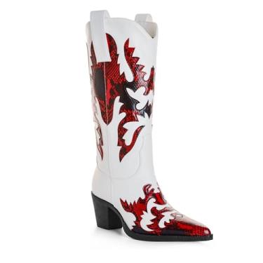 Imagem de ANN CREEK Botas femininas caubói, botas femininas de cano médio, dois tons, cano alto, estilo ocidental, bico fino, salto grosso, design patchwork, Branco, vermelho, 35