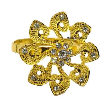 Imagem de KIT 04 Argola Porta Guardanapo Anel Flor de Strass Metal Luxo Mesa Pos