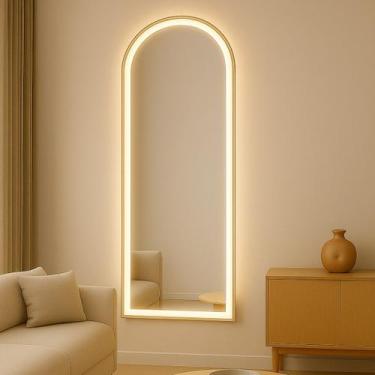 Imagem de Espelho Decorativo Grande Arco Meio Corpo Jateado Led 100x80 - Espelho