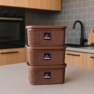 Imagem de Rischiolo Conjunto de 3 Cestos Organizadores Rattan, 7,5L, Marrom com Tampa, para Cozinha e Banheiro
