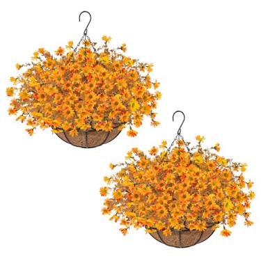 Imagem de Phliofd Pacote com 2 flores artificiais para pendurar ao ar livre, 24 peças de flores de margaridas de outono com cesta para pendurar, resistente a UV, plantas penduradas ao ar livre, para pátio