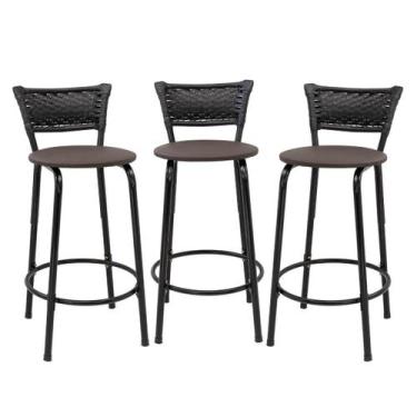 Imagem de Kit 3 Banquetas Para Bancada 60cm Preta Junco Preto Balcão Ilha Bistrô