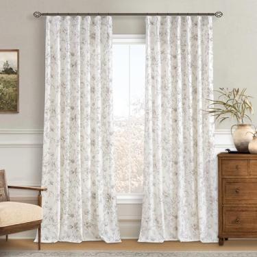 Imagem de Cortinas florais marrons 222 cm de comprimento, conjunto de 2 painéis, plissadas, estampa de flores, cortinas de linho para quarto, aba traseira, plissadas, semitransparentes, sala de estar, berçário