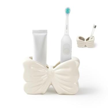 Imagem de Zaposcca Suporte de escova de dentes de laço, organizador multiuso de cerâmica branca de 2 seções para banheiro, cozinha, quarto, decoração de escritório