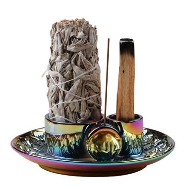Imagem de GRAMSTORMAX Suporte de incenso 4 em 1, bastão de incenso de cerâmica e suporte Palo Santo, suporte de sálvia para queimar - Bandeja coletora de cinzas de cerâmica de 14 cm para sala de meditação e