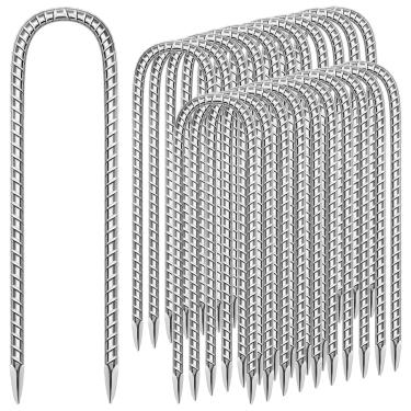 Imagem de Pacote com 22 estacas de vergalhão de jardim de 30 cm de aço galvanizado antiferrugem âncoras de solo resistentes para barracas, kits de posição, cercas e tecido paisagístico de trampolins