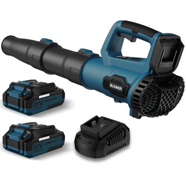 Imagem de Soprador de folhas, soprador elétrico sem fio de 21 V com 2 baterias de 2,0 Ah e carregador rápido de 1 hora, soprador de folhas leve para limpeza de pátio, cuidados com o gramado, soprando folhas