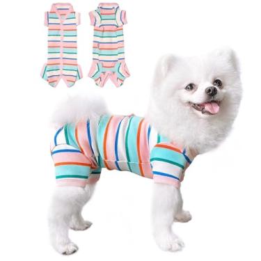 Imagem de TONY HOBY Pijama colorido para cães, camisas para cães pequenos e médios gatos, macacão para cães e gatos, terno de recuperação cirúrgica para cães rosa (rosa e branco - meninas, G)