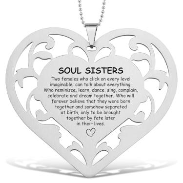 Imagem de Soul Sisters Ornamento de coração gravado em aço inoxidável com citação inspiradora, presente de lembrança para pendurar para melhores amigas, irmãs de coração, aniversário, Natal, mesa ou pingente de