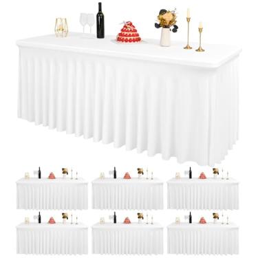 Imagem de Pacote com 6 roupas de mesa brancas de elastano para mesas retangulares de 1,8 m, capa de mesa resistente a vincos, saias de mesa elásticas laváveis para casamentos, festas, banquetes, festivais de