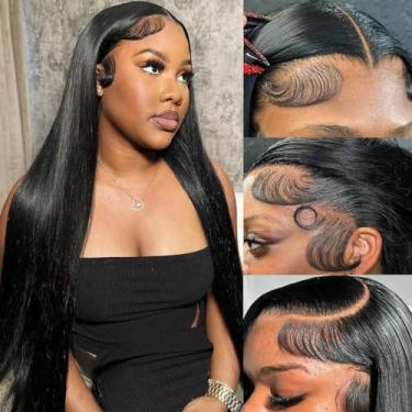 Imagem de Nawpum Perucas frontais de 24 polegadas, 33 x 15 cm, cabelo humano pré-arrancado, densidade 180, frente de renda, HD, perucas de cabelo humano para mulheres, preto natural com cabelo de bebê sem cola