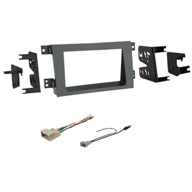 Imagem de Kit de painel de instalação estéreo de carro duplo DIN cinza, chicote de fios e combo de adaptador de antena de rádio AM/FM - Feito para Honda: sem veículos amplificadores externos de fábrica