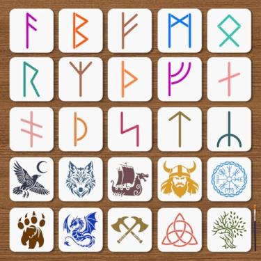 Imagem de MAYJOYDIY 25 unidades, 25 estilos, estêncil de runas viking, 15 x 15 cm, borda reutilizável, alfabeto antigo, símbolo, estêncil, com pincel para pintura artesanal em madeira, lona, paredes