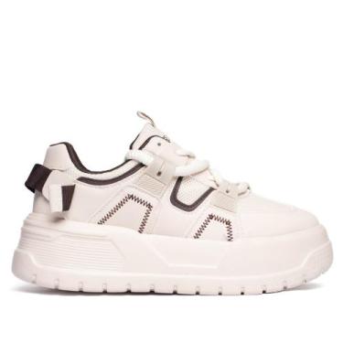 Imagem de Tênis Feminino Plataforma Ramarim Napa Recortes Creme/Marrom, Creme, 3