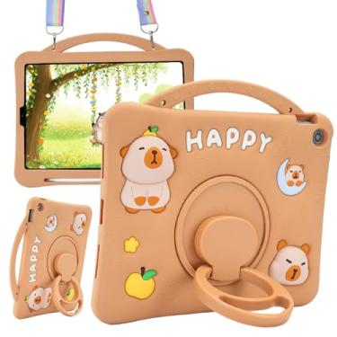 Imagem de YOUSIDUN Capybara Capa infantil para iPad 9ª/8ª/7ª geração 10,2 polegadas (2021/2020/2019) - Capa de silicone 3D fofa para meninas com suporte giratório de 360°, alça ajustável, suporte de lápis