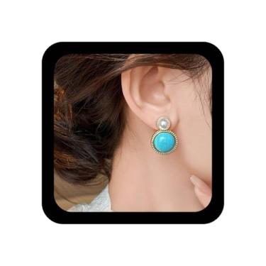 Imagem de Ximdble Brincos vintage redondos turquesa, brincos de pedra azul, boêmio, pérola, retrô, turquesa, brincos pendentes de declaração, joias para mulheres