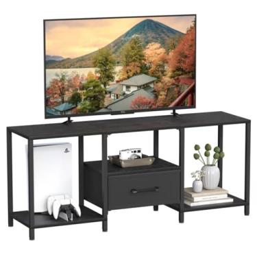 Imagem de JARHETUN Suporte de TV com gaveta de tecido para TV de 55 polegadas, centro de entretenimento com prateleiras abertas, mesa de console de TV de mídia para sala de estar, quarto, preto