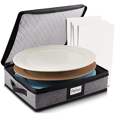 Imagem de Estojo de armazenamento de pratos, recipientes de armazenamento finos da China, revestimento rígido acolchoado e empilhável de 40,6 cm x 32 cm x 8,9 cm com zíper, alças e divisórias de feltro para