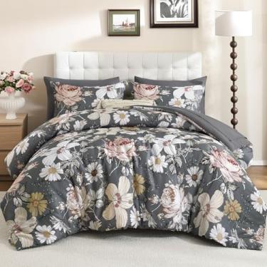 Imagem de Luxudecor Jogo de cama Queen com 7 peças, edredom e lençol floral cinza, cama de microfibra macia em uma bolsa para todas as estações (cinza, 228 x 228 cm)
