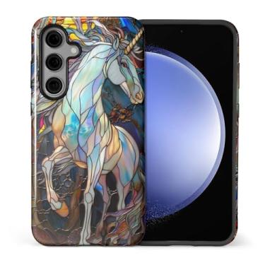 Imagem de CARLOCA Compatível com Samsung Galaxy S24 Capa protetora brilhante de corpo inteiro para meninas meninos à prova de choque moda estética padrão colorido vitral branco unicórnio