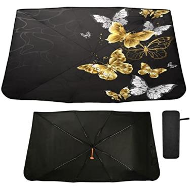 Imagem de Oarencol Guarda-sol dourado branco borboletas pretas para-brisa guarda-chuva dobrável janela frontal do carro blocos de proteção solar raios UV calor manter o veículo fresco (139.7 cm x 69.8 cm)