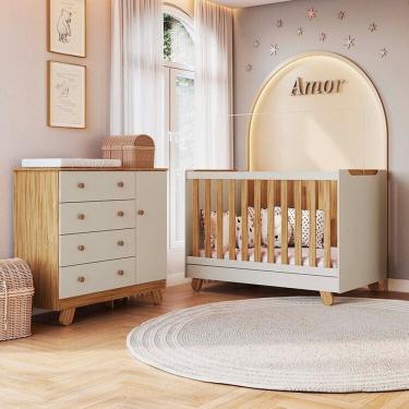 Imagem de Quarto de Bebê com Cômoda 4 Gavetas e Berço Minicama Levy 100% MDF Espresso Móveis Amêndoa/Off White