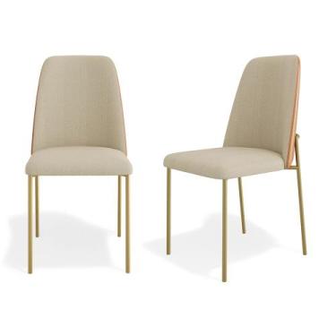 Imagem de Kit 02 Cadeiras Sala de Jantar Lior Estofada Base Dourada Linho Bege m