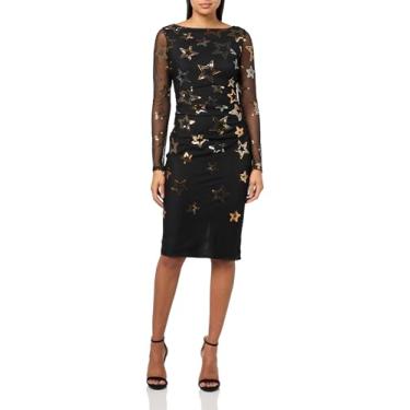 Imagem de Vince Camuto Vestido feminino colado ao corpo franzido lateral de malha de lantejoulas de manga comprida, Preto, dourado, 34