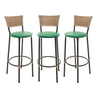 Imagem de KIT 3 Banquetas Tricô Náutico DOURADO Alta Bancada Balcão Cozinha Area