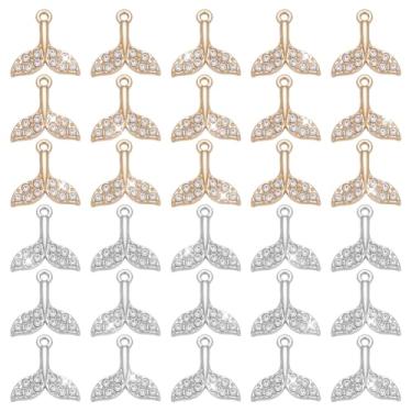 Imagem de WADORN Amuletos de cauda de sereia, pingentes de sereia em 2 cores, pingentes de liga de strass, pingentes de sereia para fabricação de joias, pingentes de prata e ouro para brincos, pulseiras