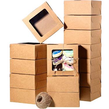 Imagem de 50 unidades de caixa de padaria marrom e corda de 80 m com painel de papel para janela de exibição, caixas de presente de papelão para doces, biscoitos, pequenos bolos, tortas, cupcakes e mais (15 x 16 x 7 cm)
