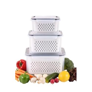 Imagem de Kit 3 Potes Herméticos Organizadores para Geladeira com Trava nas Tampas e Cesto Escorredor Removível – Conserva Frutas, Legumes e Saladas – Alta Vedação e Qualidade Premium