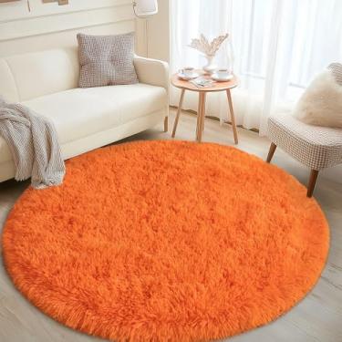 Imagem de Tapete redondo laranja para quarto, tapetes circulares de 1,5 m para sala de estar, tapete felpudo macio para adolescentes, meninas, meninos, berçário, dormitório, decoração de casa, estética