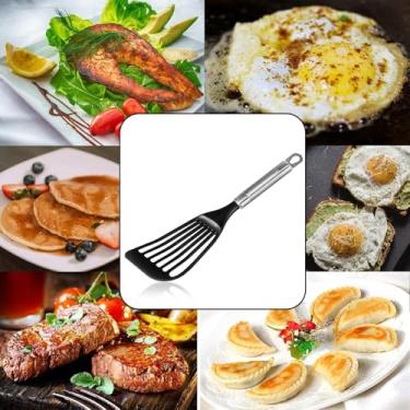 Imagem de Espátula giratória com fenda flexível - cabo de plástico revestido de borracha e lâmina de nylon espátula de peixe leve, fina, resistente para cozinhar ovos, peixes, panquecas e omeletes antiaderentes