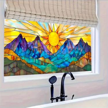 Imagem de HOMETITUTE Mountain Sunrise Película para vitrais Sun and Peaks Adesivo decorativo para janela de privacidade para casa, sala de estar, quarto, escritório, 100 x 44 cm