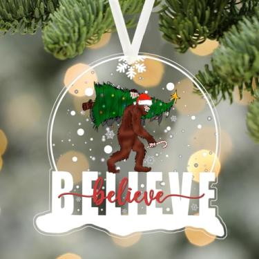 Imagem de Enfeites de Natal, enfeites de árvore, enfeites de pendurar para 1 peça de acrílico transparente em forma de bola de neve, Believe Bigfoot, decoração de casa