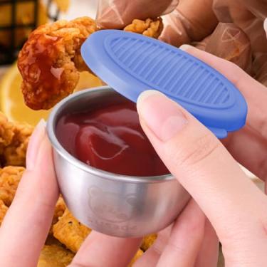 Imagem de Copos de molho de salada de aço inoxidável de 68 g com tampas à prova de vazamento, recipientes de molho reutilizáveis para lancheira, viagem, piqueniques e armazenamento de cozinha (azul, 6 x 6 x 3,5