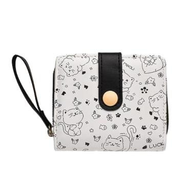 Imagem de Carteira de couro com tema de gato para mulheres, minimalista, pequena e fofa, porta-moedas com janela para identidade, marrom, porta-cartões de crédito Kawaii, para meninas, senhoras, viagens, Preto