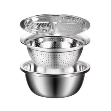 Imagem de Kit 4 em 1 com Ralador, Fatiador, Escorredor e Tigela para Salada, Inox, Multifuncional para Cozinha.. São 3 peças. 25,5X 10,5 X Aprox.