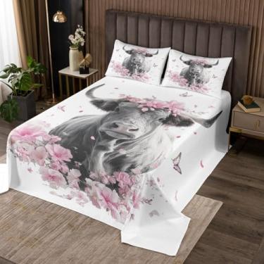 Imagem de jejeloiu Colcha de vaca Highland Highland Conjunto de colcha de gado Highland Queen para crianças, meninos e meninas, coberta acolchoada para todas as estações, com 2 fronhas, microfibra floral rosa
