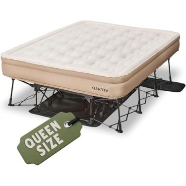 Imagem de Oaktiv Colchão de ar Queen com moldura, cama autoinflável/esvaziadora para adultos - Cama inflável PeakRest, berço de acampamento com colchão para adultos - Cama Queen portátil com estojo de viagem
