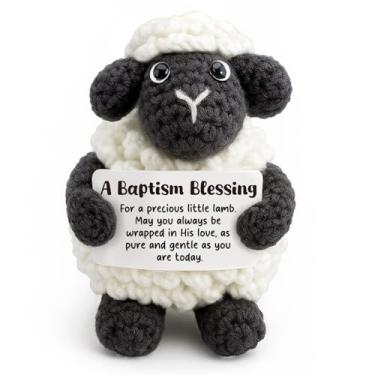 Imagem de Handmade Crochet Little Black Sheep Baptism Gift for Boy or Girl - Sentimental Christening Keepsake with Blessing Card - Religious Nursery Decor for Goddaughter, Godson - Christian Baby Present