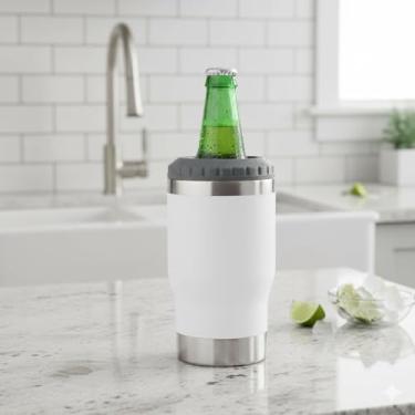 Imagem de Copo Térmico Porta Lata e Long Neck Inox 420ml com Tampa e Abridor – Mantém Bebida Gelada por Horas| Branco