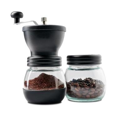 Imagem de Moedor de Café Manual Premium Moinho Ajustável com Manivela Recipiente de Vidro Duplo para Grãos e Pó Base Antiderrapante Cerâmica Preta