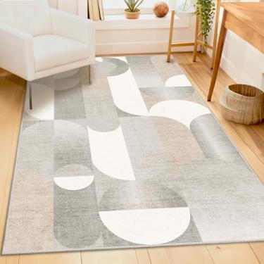 Imagem de Castage Tapete cinza 3x5 tapetes laváveis para quarto, sala de estar, cozinha, entrada, cabeceira, tapete geométrico, moderno, antiderrapante, bege