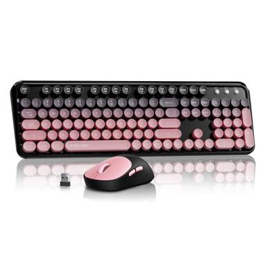 Imagem de EWEADN Combo de teclado e mouse sem fio V96, teclado estilo máquina de escrever retrô sem fio de 2,4 G, com teclas redondas, teclado de computador e mouse de 104 teclas para Windows/Mac/PC, rosa