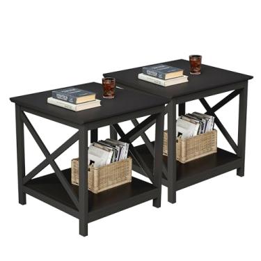 Imagem de ChooChoo Conjunto de 2 mesas de extremidade, mesa de canto de 61 cm com prateleira de armazenamento de 2 níveis, mesa lateral para sala de estar, mesa de cabeceira de madeira para quarto, escritório