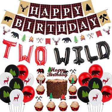 Imagem de Decorações de festa de lenhador para meninos, duas decorações selvagens de 2º aniversário, preto, vermelho, dois balões selvagens, bandeira, guirlanda, bolo, xadrez, búfalo, segundo dois anos, artigos